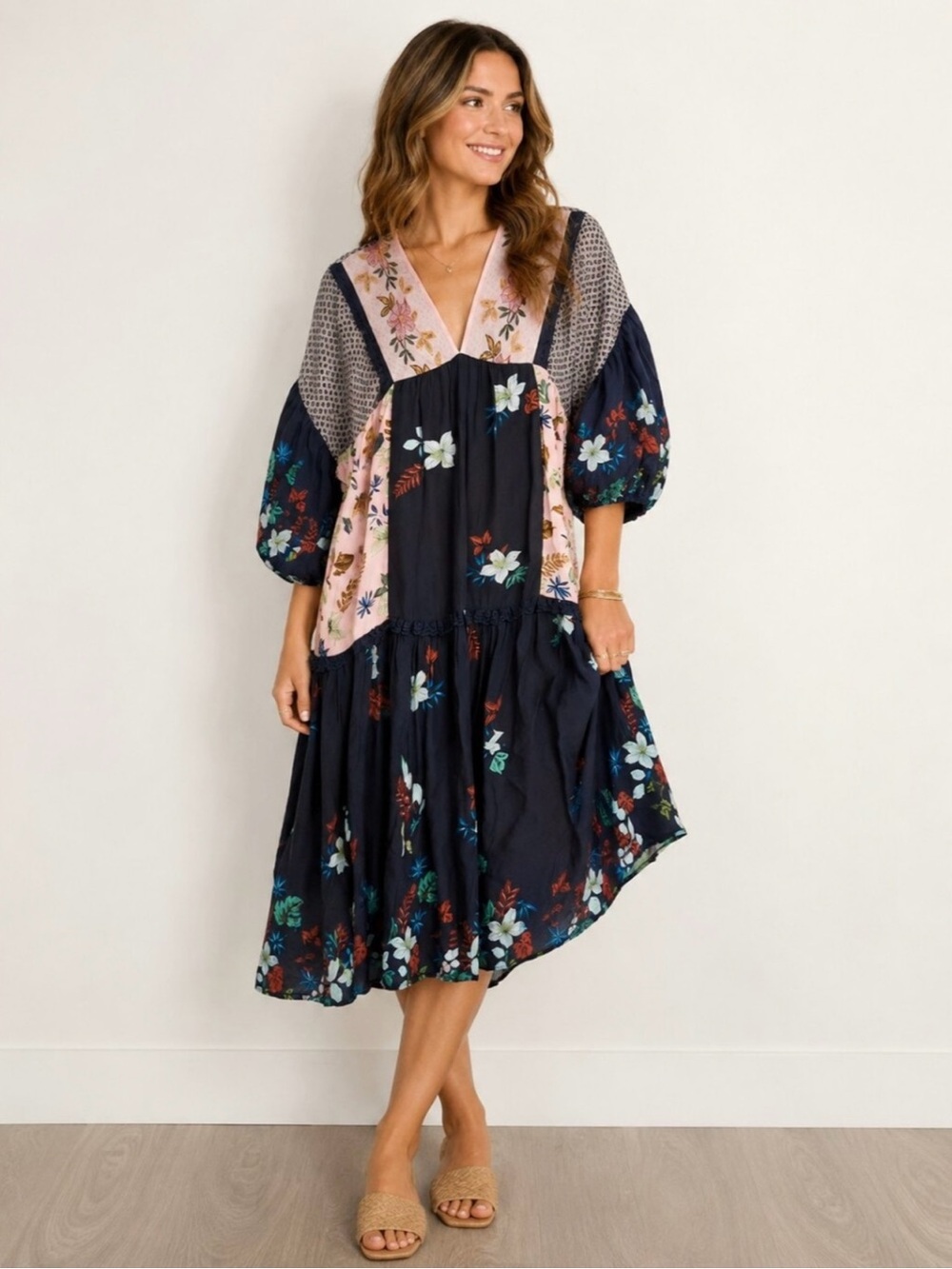 Anthropologie Let Me Be Debra Midi Dress L Rihana Bohemian Floral Patchwork